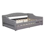 Letto a una piazza e mezza/una piazza in tessuto imbottito con striscia LED e 2 cassetti portaoggetti/secondo letto estraibile, struttura letto moderna in lino, beige/grigio - ModernLuxe