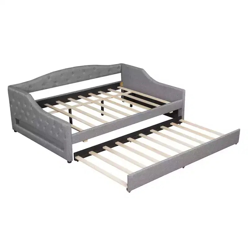 Letto a una piazza e mezza/una piazza in tessuto imbottito con striscia LED e 2 cassetti portaoggetti/secondo letto estraibile, struttura letto moderna in lino, beige/grigio - ModernLuxe