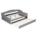 Letto a una piazza e mezza/una piazza in tessuto imbottito con striscia LED e 2 cassetti portaoggetti/secondo letto estraibile, struttura letto moderna in lino, beige/grigio - ModernLuxe