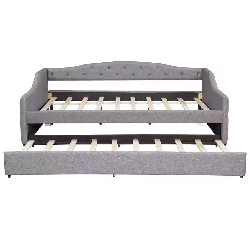 Letto a una piazza e mezza/una piazza in tessuto imbottito con striscia LED e 2 cassetti portaoggetti/secondo letto estraibile, struttura letto moderna in lino, beige/grigio - ModernLuxe