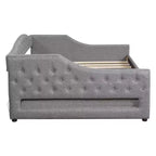 Letto a una piazza e mezza/una piazza in tessuto imbottito con striscia LED e 2 cassetti portaoggetti/secondo letto estraibile, struttura letto moderna in lino, beige/grigio - ModernLuxe