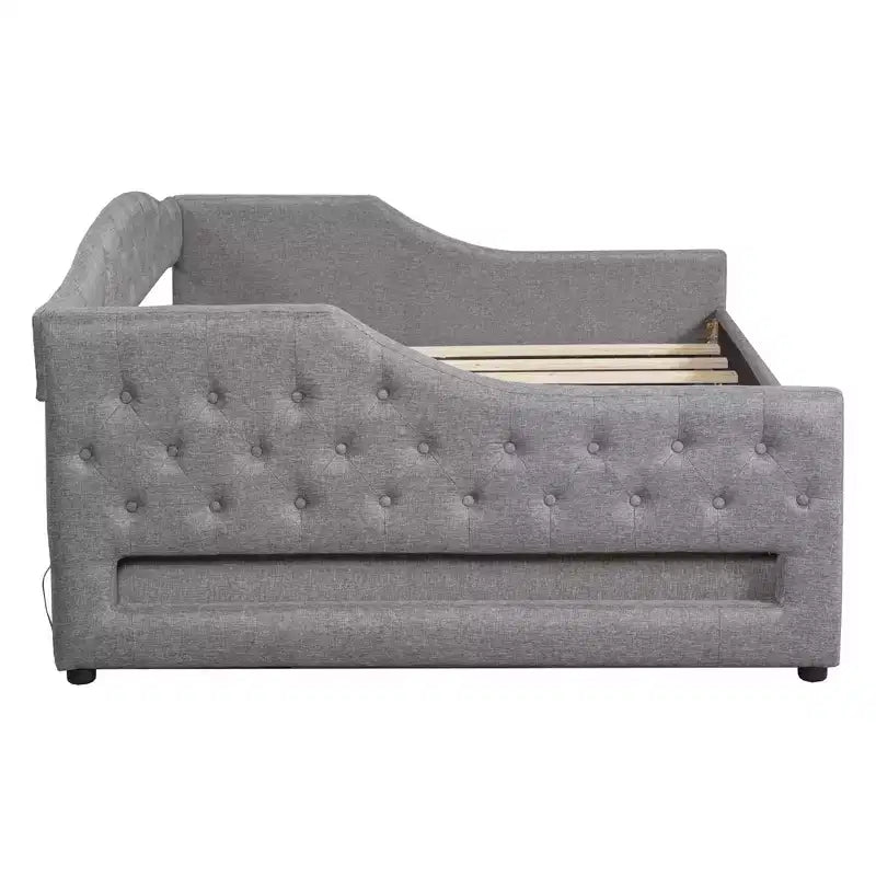 Letto a una piazza e mezza/una piazza in tessuto imbottito con striscia LED e 2 cassetti portaoggetti/secondo letto estraibile, struttura letto moderna in lino, beige/grigio - ModernLuxe