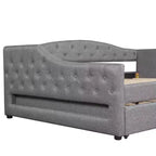 Letto a una piazza e mezza/una piazza in tessuto imbottito con striscia LED e 2 cassetti portaoggetti/secondo letto estraibile, struttura letto moderna in lino, beige/grigio - ModernLuxe