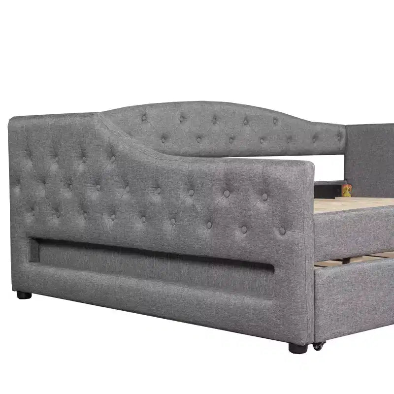Letto a una piazza e mezza/una piazza in tessuto imbottito con striscia LED e 2 cassetti portaoggetti/secondo letto estraibile, struttura letto moderna in lino, beige/grigio - ModernLuxe