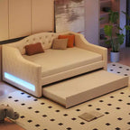 Letto a una piazza e mezza/una piazza in tessuto imbottito con striscia LED e 2 cassetti portaoggetti/secondo letto estraibile, struttura letto moderna in lino, beige/grigio - ModernLuxe