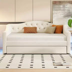 Letto a una piazza e mezza/una piazza in tessuto imbottito con striscia LED e 2 cassetti portaoggetti/secondo letto estraibile, struttura letto moderna in lino, beige/grigio - ModernLuxe