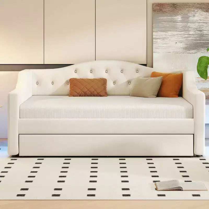Letto a una piazza e mezza/una piazza in tessuto imbottito con striscia LED e 2 cassetti portaoggetti/secondo letto estraibile, struttura letto moderna in lino, beige/grigio - ModernLuxe