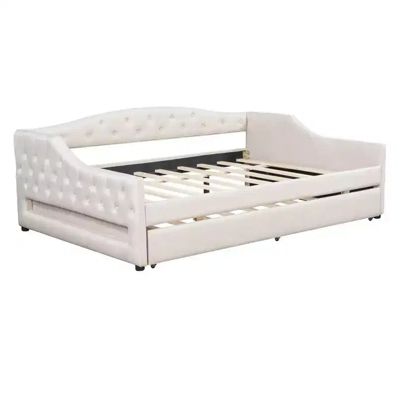 Letto a una piazza e mezza/una piazza in tessuto imbottito con striscia LED e 2 cassetti portaoggetti/secondo letto estraibile, struttura letto moderna in lino, beige/grigio - ModernLuxe