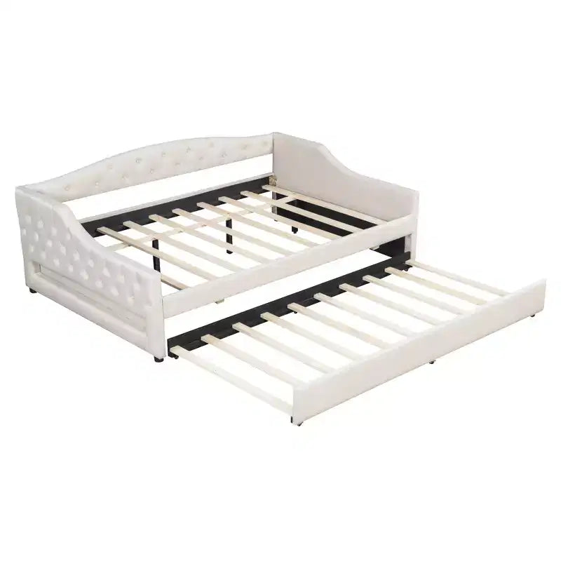 Letto a una piazza e mezza/una piazza in tessuto imbottito con striscia LED e 2 cassetti portaoggetti/secondo letto estraibile, struttura letto moderna in lino, beige/grigio - ModernLuxe