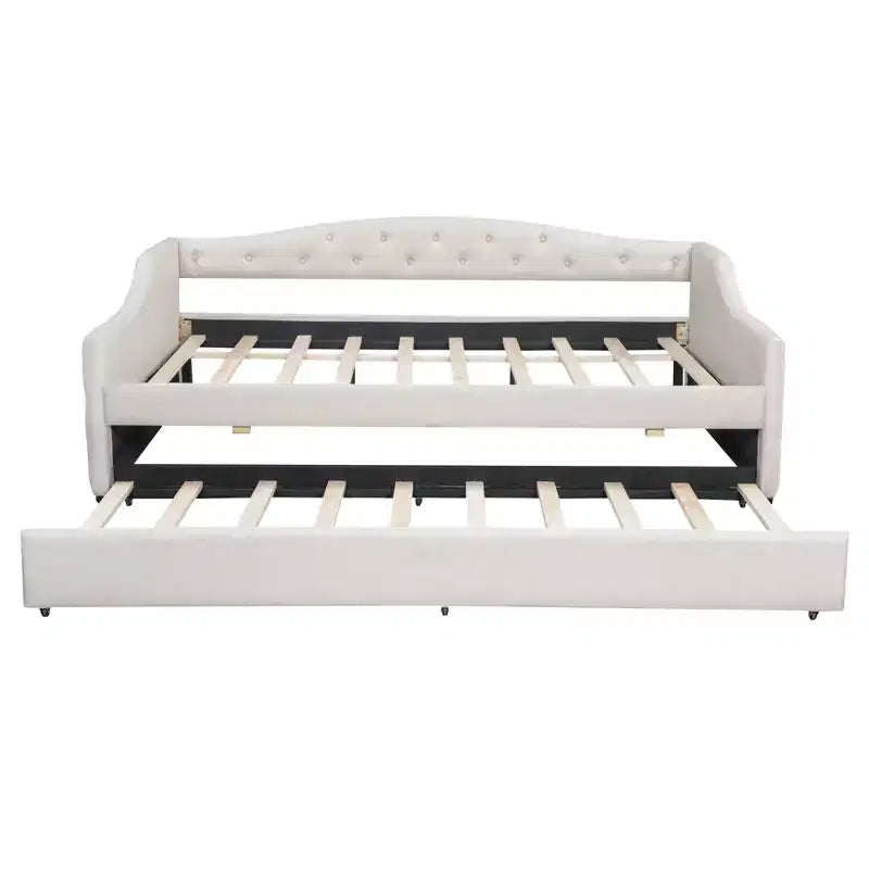 Letto a una piazza e mezza/una piazza in tessuto imbottito con striscia LED e 2 cassetti portaoggetti/secondo letto estraibile, struttura letto moderna in lino, beige/grigio - ModernLuxe