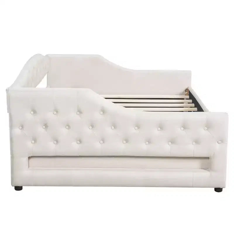 Letto a una piazza e mezza/una piazza in tessuto imbottito con striscia LED e 2 cassetti portaoggetti/secondo letto estraibile, struttura letto moderna in lino, beige/grigio - ModernLuxe