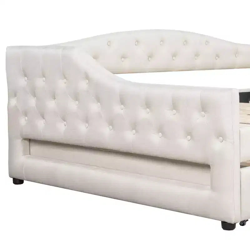Letto a una piazza e mezza/una piazza in tessuto imbottito con striscia LED e 2 cassetti portaoggetti/secondo letto estraibile, struttura letto moderna in lino, beige/grigio - ModernLuxe