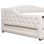 Letto a una piazza e mezza/una piazza in tessuto imbottito con striscia LED e 2 cassetti portaoggetti/secondo letto estraibile, struttura letto moderna in lino, beige/grigio - ModernLuxe