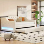 Twin XL/Full XL Upholstered Daybed with LED Light Strip and 2 Storage Drawers/Trundle, Modern Linen Bed Frame, Beige/Gray - ModernLuxe