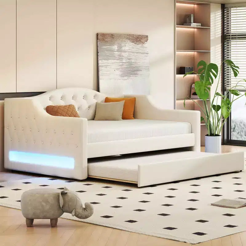 Twin XL/Full XL Upholstered Daybed with LED Light Strip and 2 Storage Drawers/Trundle, Modern Linen Bed Frame, Beige/Gray - ModernLuxe