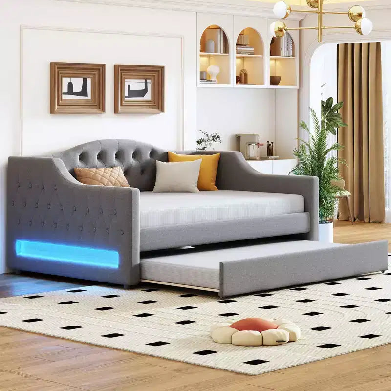 Letto a una piazza e mezza/una piazza in tessuto imbottito con striscia LED e 2 cassetti portaoggetti/secondo letto estraibile, struttura letto moderna in lino, beige/grigio - ModernLuxe