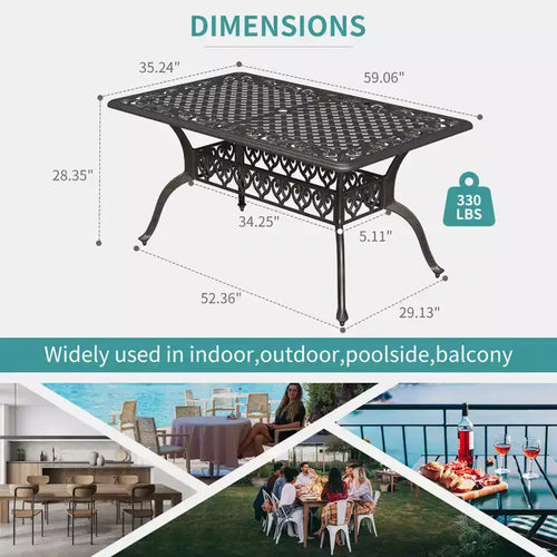 Tavolo da Pranzo Esterno 150x89 cm per 6 Persone, Tavolo da Esterno in Alluminio Pressofuso con Foro per Ombrellone, Resistente alle Intemperie, per Giardino, Cortile, Piscina, Bronzo Vintage