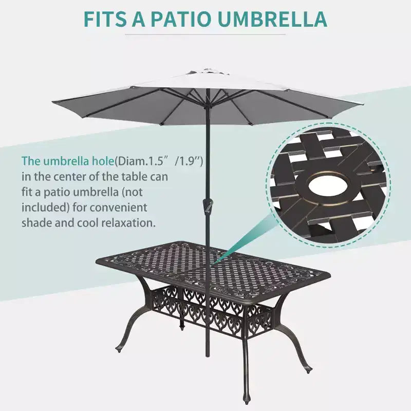 Tavolo da Pranzo Esterno 150x89 cm per 6 Persone, Tavolo da Esterno in Alluminio Pressofuso con Foro per Ombrellone, Resistente alle Intemperie, per Giardino, Cortile, Piscina, Bronzo Vintage