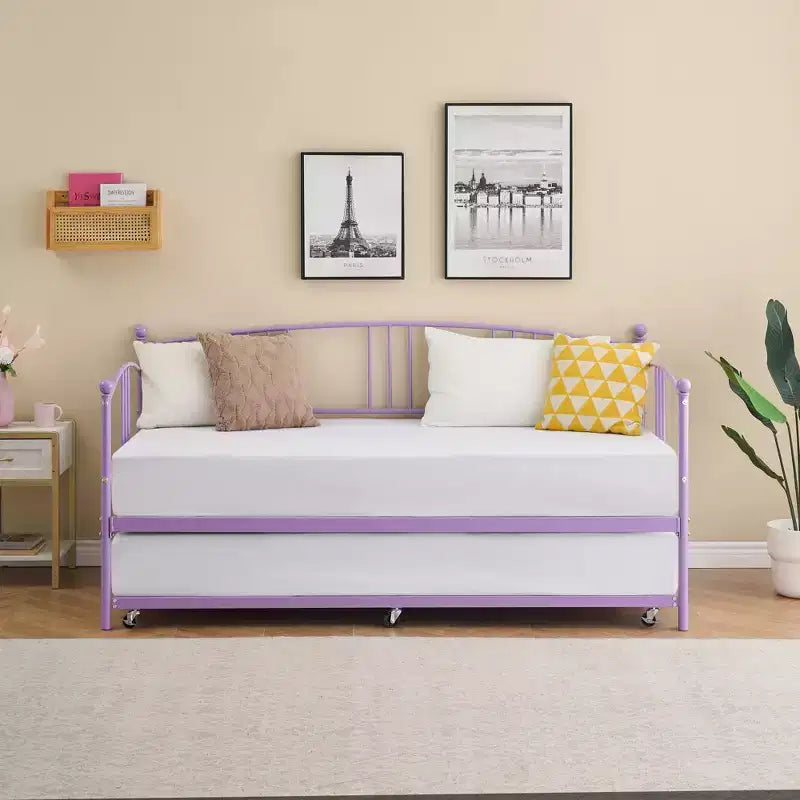 Divano letto con rotelle, Divano letto in metallo di dimensioni doppie, Letto a rotelle singolo con piattaforma a doghe in acciaio resistente per soggiorno, camera da letto e camera degli ospiti