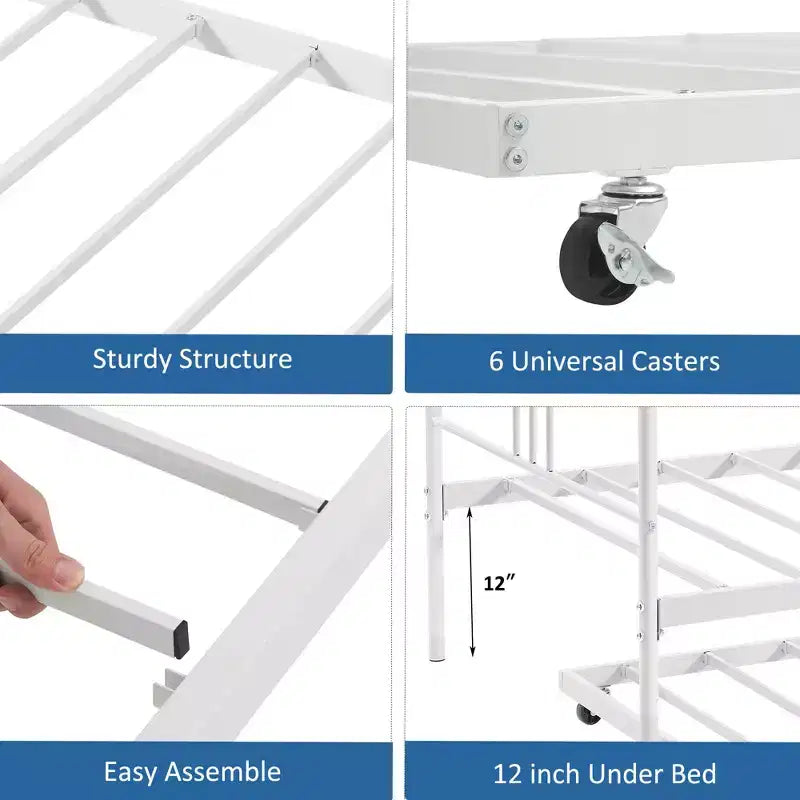 Divano letto con rotelle, Divano letto in metallo di dimensioni doppie, Letto a rotelle singolo con piattaforma a doghe in acciaio resistente per soggiorno, camera da letto e camera degli ospiti
