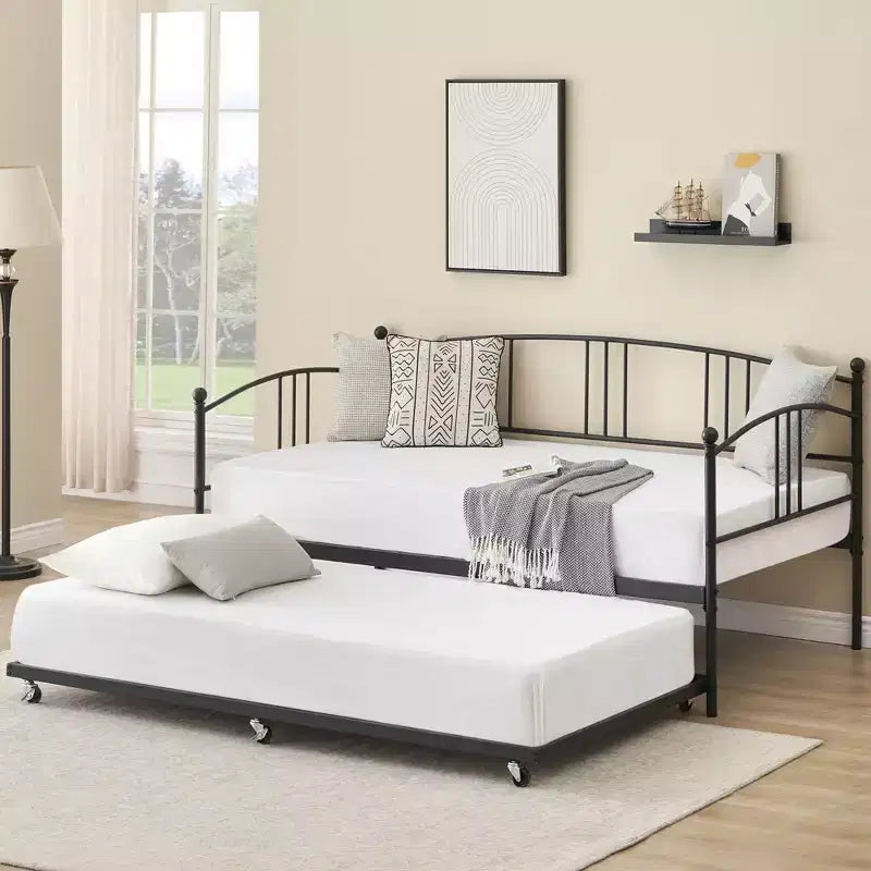 Daybed with Trundle, Metal Twin Size Day Bed, Trundle Bed Twin with Heavy Duty Steel Slats Platform for Living Room, Bedroom and Guest Room