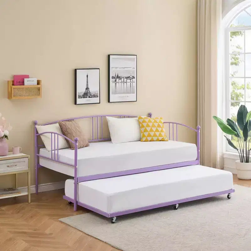 Divano letto con rotelle, Divano letto in metallo di dimensioni doppie, Letto a rotelle singolo con piattaforma a doghe in acciaio resistente per soggiorno, camera da letto e camera degli ospiti