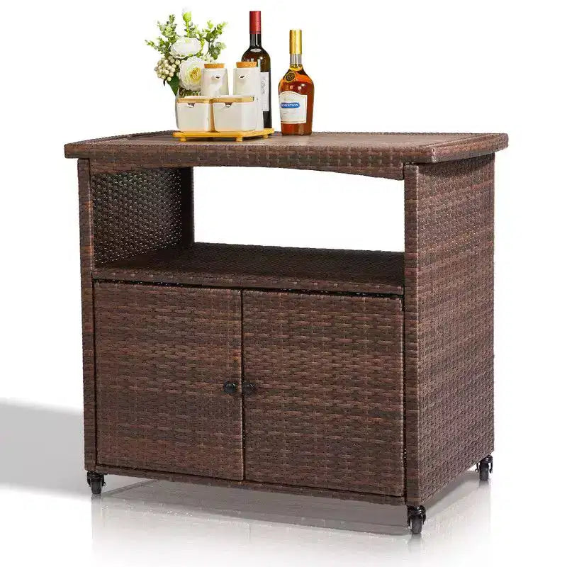 Karl Home Brown Rattan Bar Table With Wheels