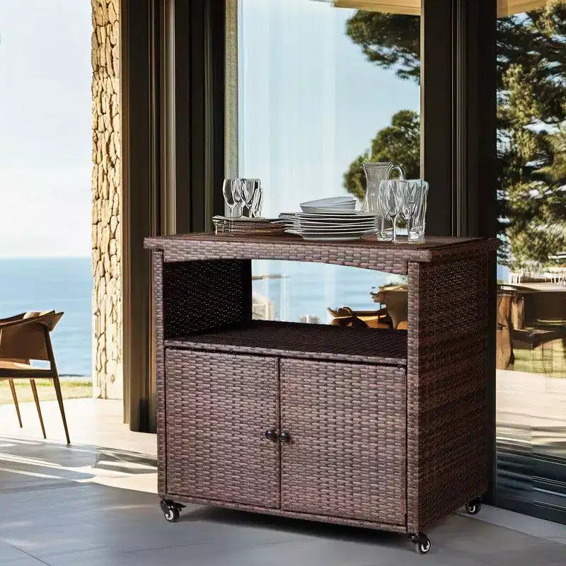 Tavolo da Bar con Ruote Karl Home in Rattan Marrone