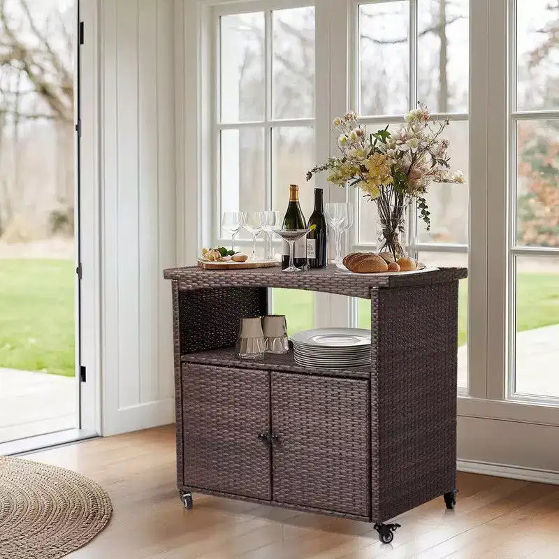 Tavolo da Bar con Ruote Karl Home in Rattan Marrone