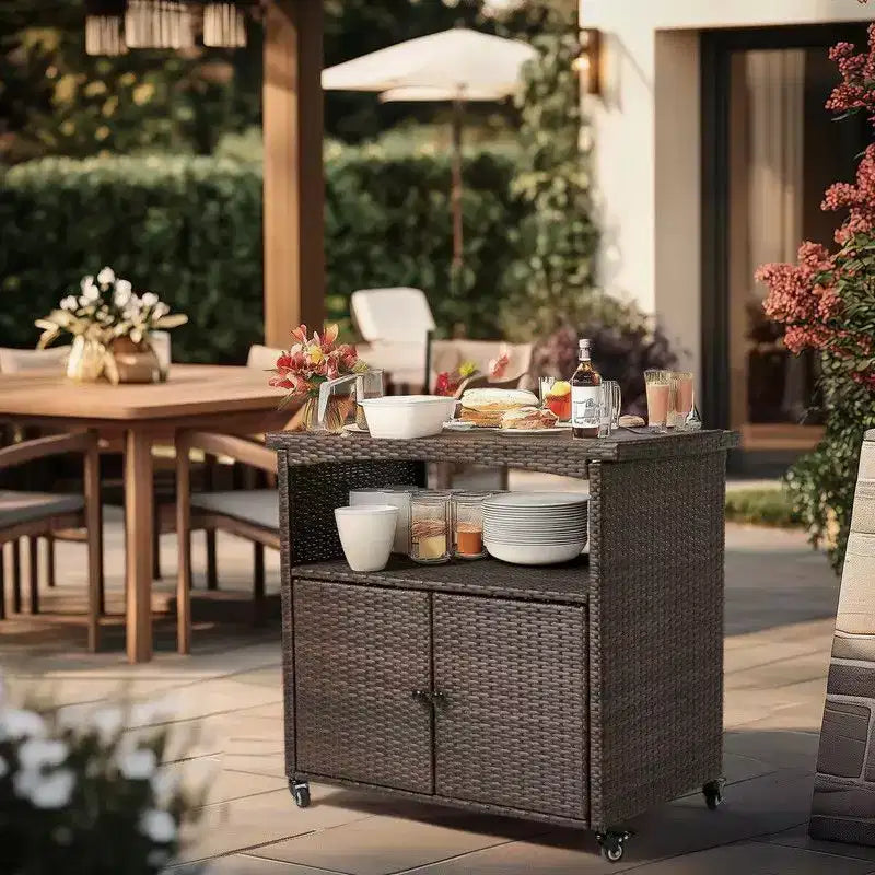 Tavolo da Bar con Ruote Karl Home in Rattan Marrone