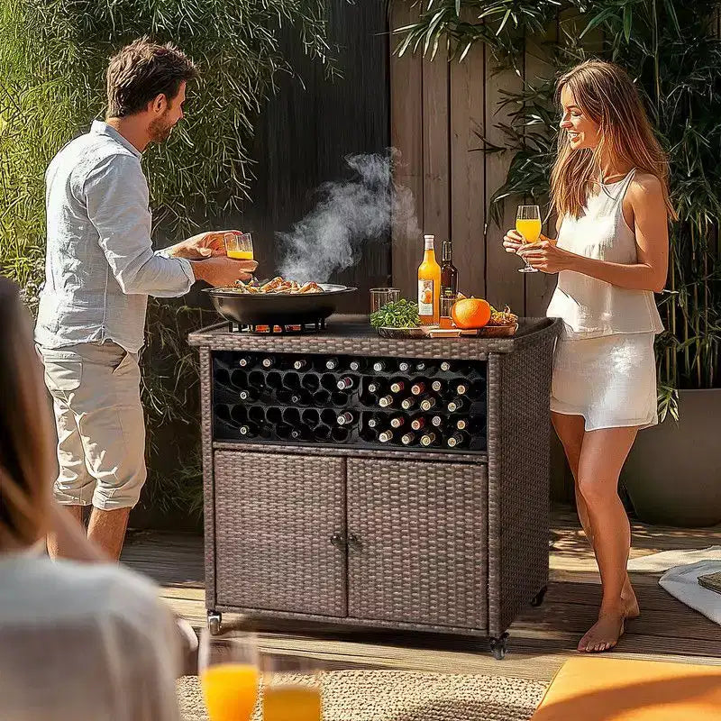 Tavolo da Bar con Ruote Karl Home in Rattan Marrone
