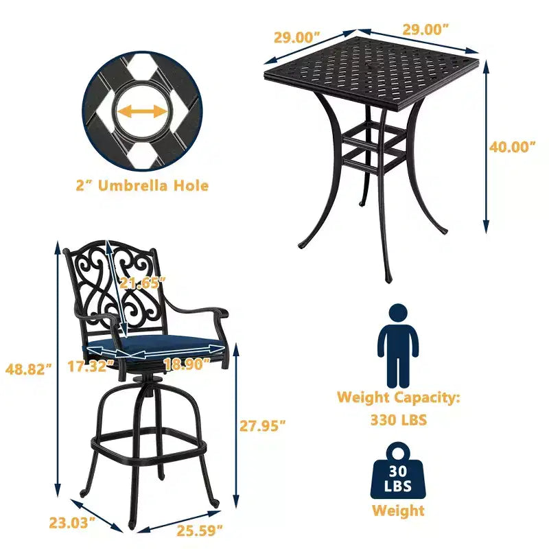 CLIHOME Set da 3 Pezzi da Bar per Patio in Alluminio Pressofuso con Cuscini per Divano