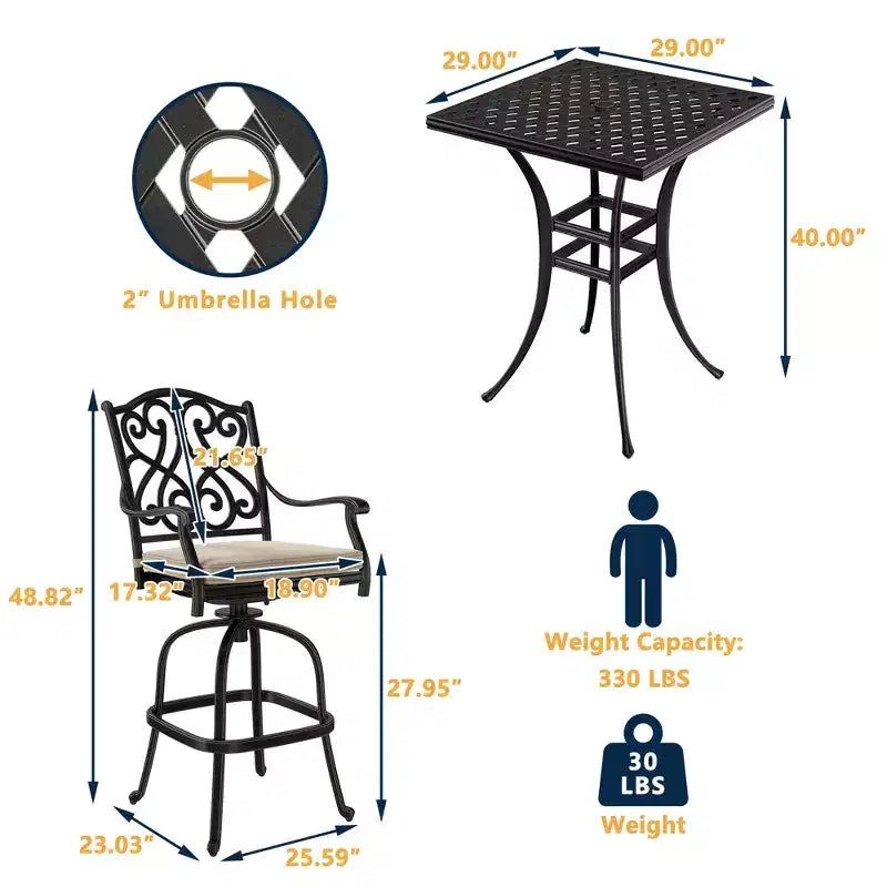 CLIHOME Set da 3 Pezzi da Bar per Patio in Alluminio Pressofuso con Cuscini per Divano