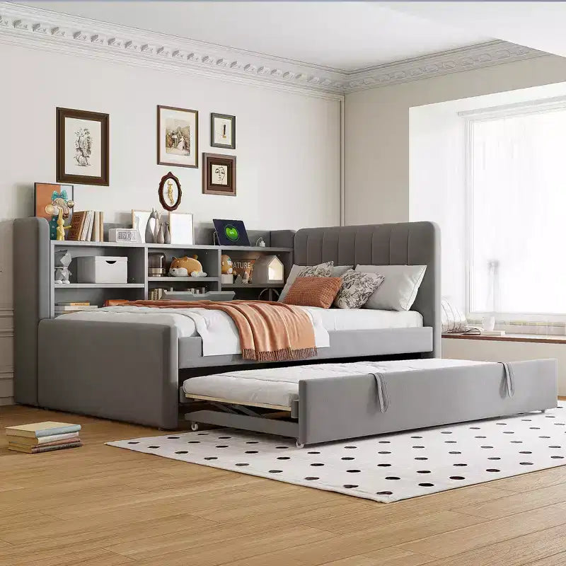 Letto da giorno imbottito moderno Merax Twin-size con letto estraibile, vano portaoggetti, porte USB e presa di corrente