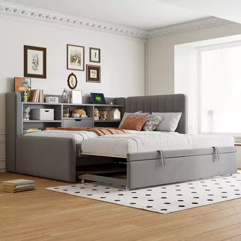 Letto da giorno imbottito moderno Merax Twin-size con letto estraibile, vano portaoggetti, porte USB e presa di corrente