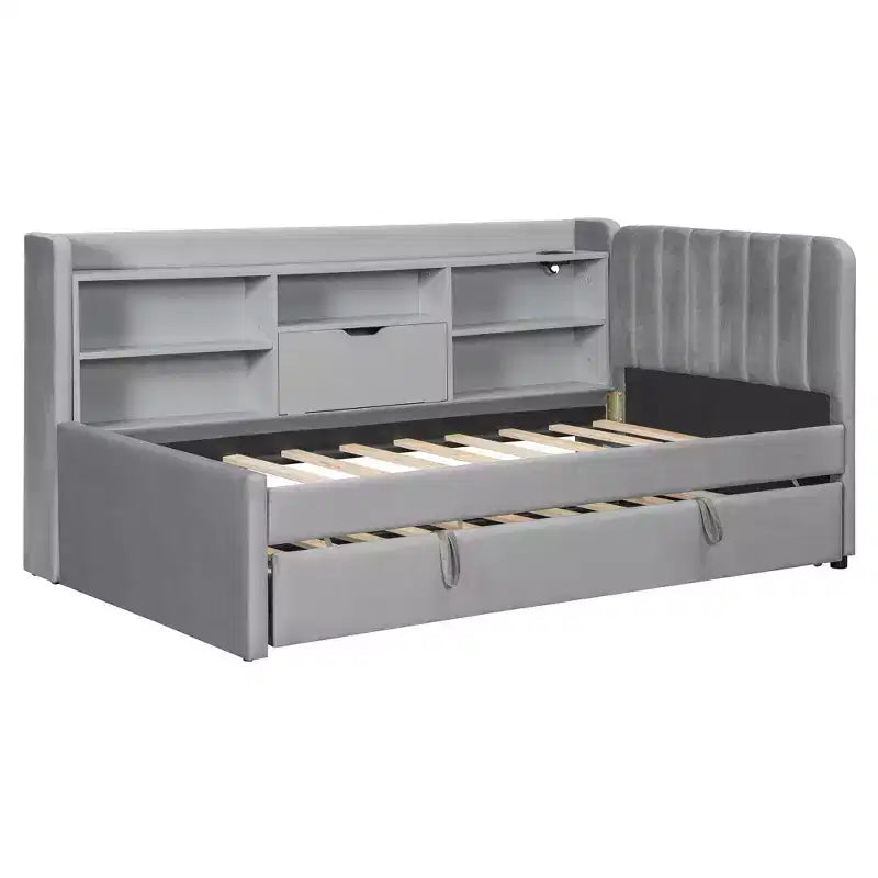 Letto da giorno imbottito moderno Merax Twin-size con letto estraibile, vano portaoggetti, porte USB e presa di corrente