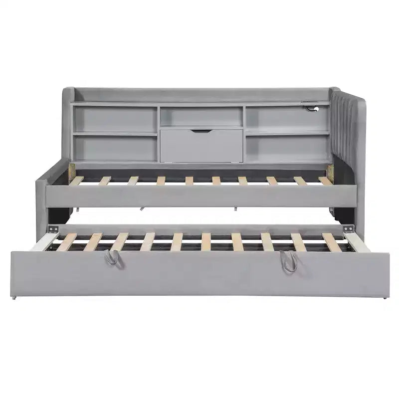 Letto da giorno imbottito moderno Merax Twin-size con letto estraibile, vano portaoggetti, porte USB e presa di corrente