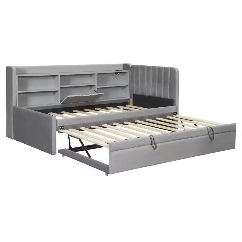 Letto da giorno imbottito moderno Merax Twin-size con letto estraibile, vano portaoggetti, porte USB e presa di corrente