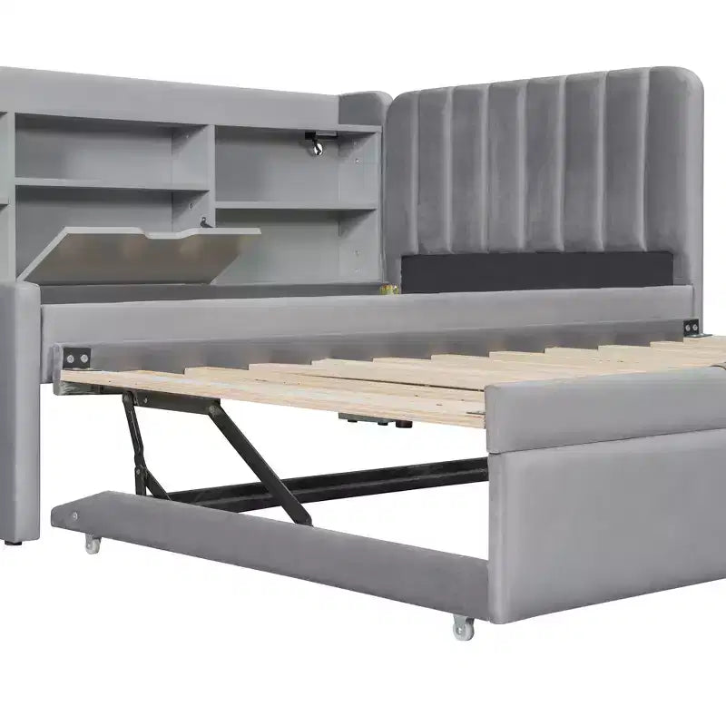 Letto da giorno imbottito moderno Merax Twin-size con letto estraibile, vano portaoggetti, porte USB e presa di corrente