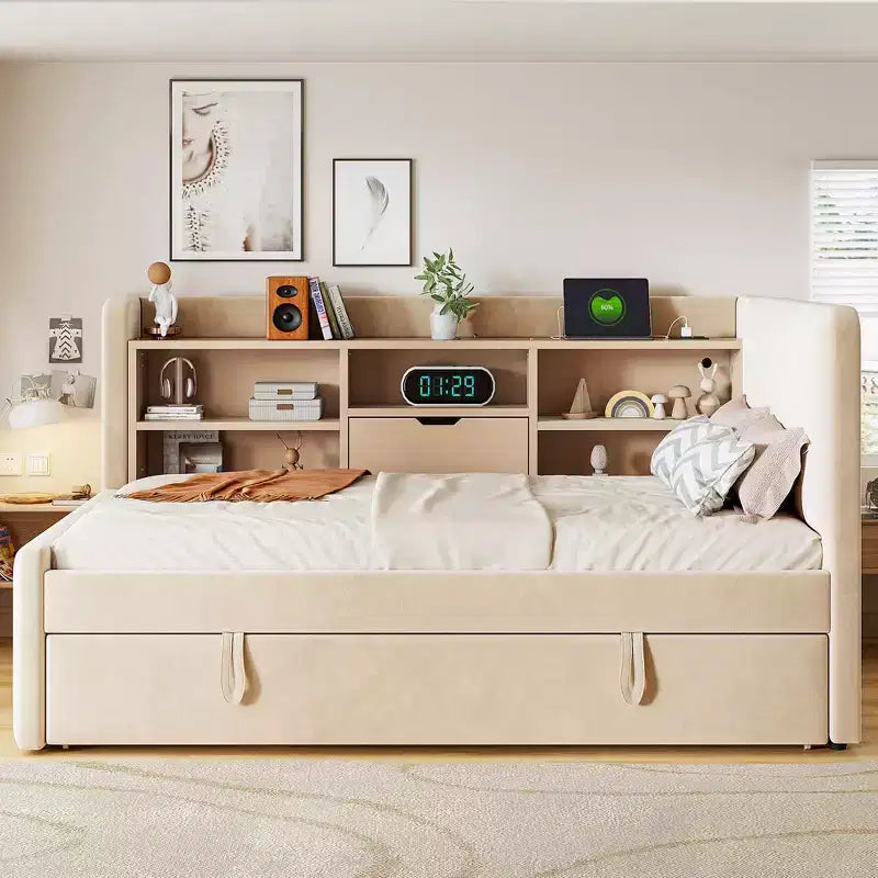Letto da giorno imbottito moderno Merax Twin-size con letto estraibile, vano portaoggetti, porte USB e presa di corrente