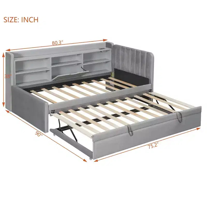 Letto da giorno imbottito moderno Merax Twin-size con letto estraibile, vano portaoggetti, porte USB e presa di corrente