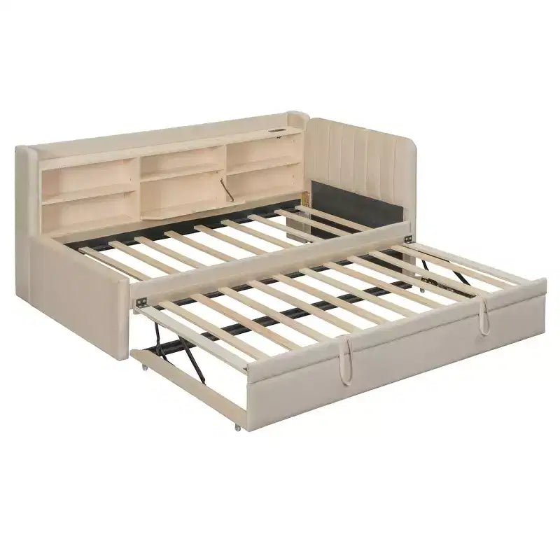 Letto da giorno imbottito moderno Merax Twin-size con letto estraibile, vano portaoggetti, porte USB e presa di corrente