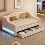 Divano letto imbottito Whisen Twin XL con luci a LED e 2 cassetti
