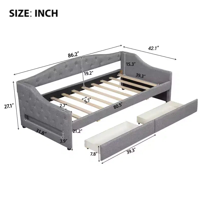 Divano letto imbottito Whisen Twin XL con luci a LED e 2 cassetti