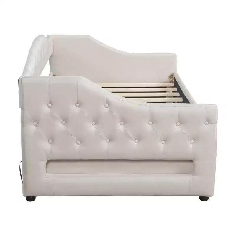 Divano letto imbottito Whisen Twin XL con luci a LED e 2 cassetti
