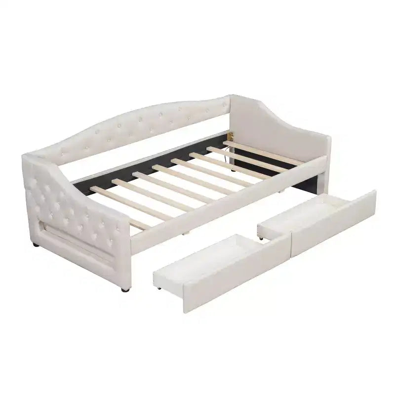 Divano letto imbottito Whisen Twin XL con luci a LED e 2 cassetti