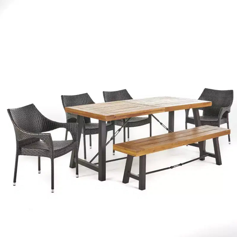 GDFStudio Mahalo Set da pranzo da 6 pezzi in vimini e legno di acacia da esterno con panca