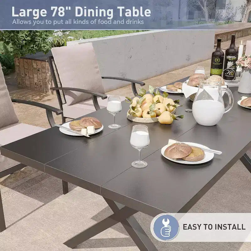 ALAULM Set da Pranzo da Esterno 9 Pezzi con 2 Sedie Girevoli e 6 Sedie Fisse, Tavolo Grande