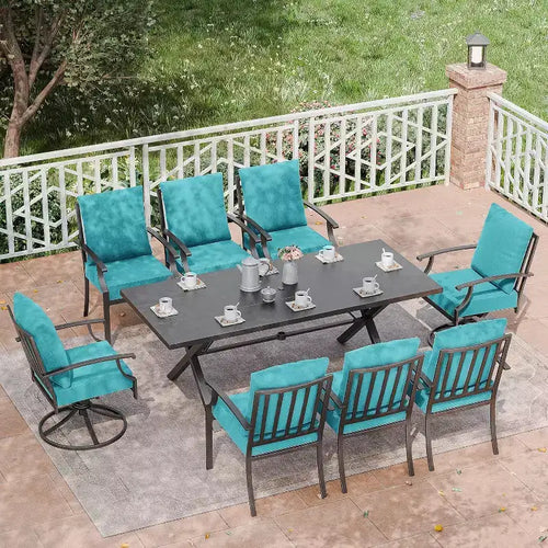 ALAULM 9 Pieces Patio Dining Set Outdoor Furniture with 2 Swivel Chairs and 6 Fixed Chairs, Large Table