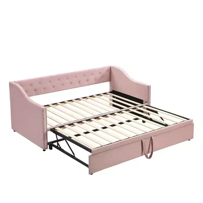 Letti a giorno Okak in formato singolo con rotelle estraibili, divano letto imbottito con schienale per soggiorno, camera da letto e camera degli ospiti